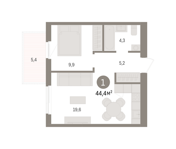 Планировка 1-комн 44,36 м²