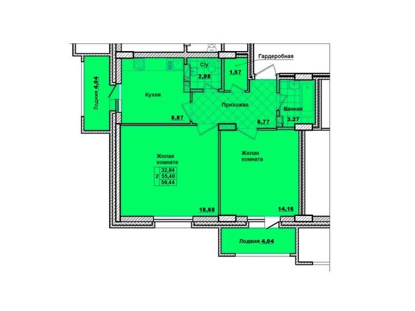 Планировка двухкомнатной квартиры 59,44 кв.м.