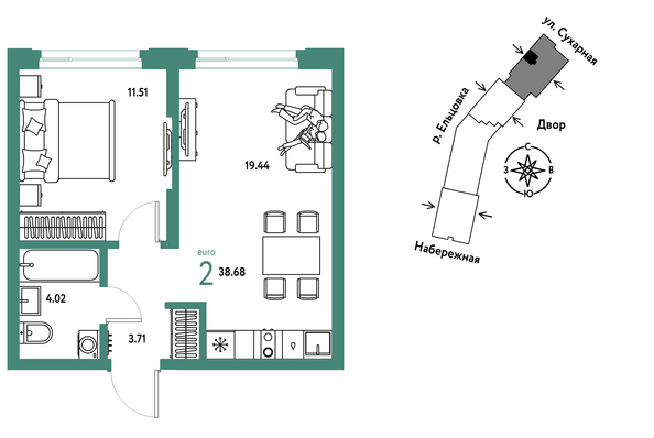 Планировка 2-комн 38,68 - 39,96 м²