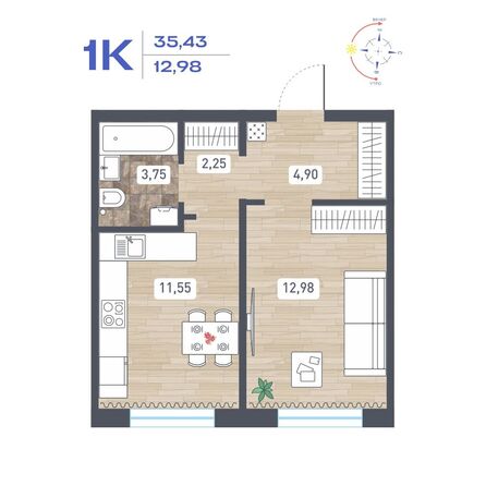 Планировка 1-комн 35,43 м²
