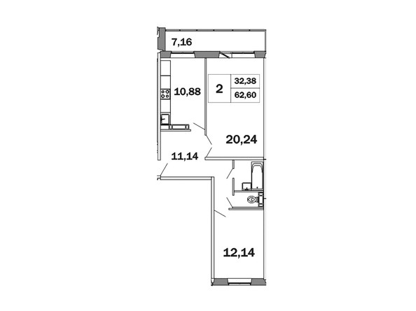 Планировка двухкомнатной квартиры 62,6 кв.м