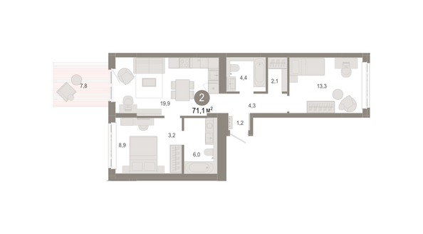 Планировка 2-комн 71,07 м²