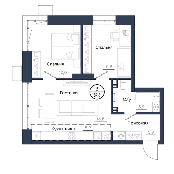 Планировка 3-комн 57,6 м²