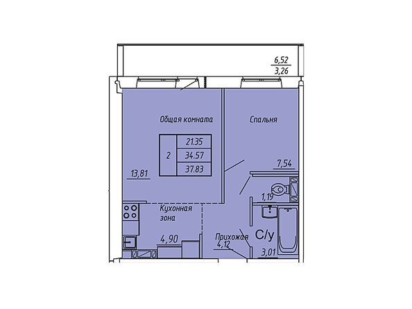 Планировка двухкомнатной квартиры 37,83 кв.м