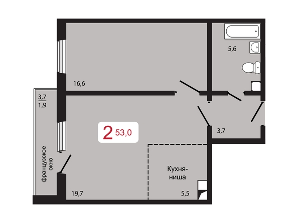 Планировка 2-комн 53 м²