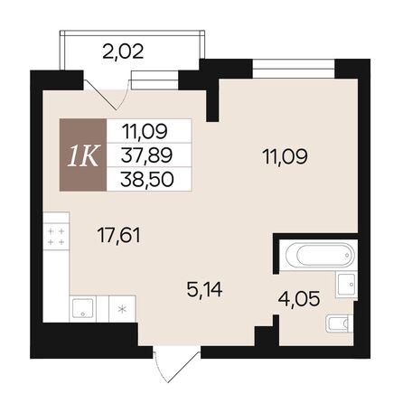 Планировка 1-комн 38,5, 38,84 м²