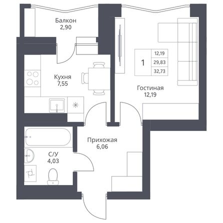 Планировка 1-комн 32,73 м²