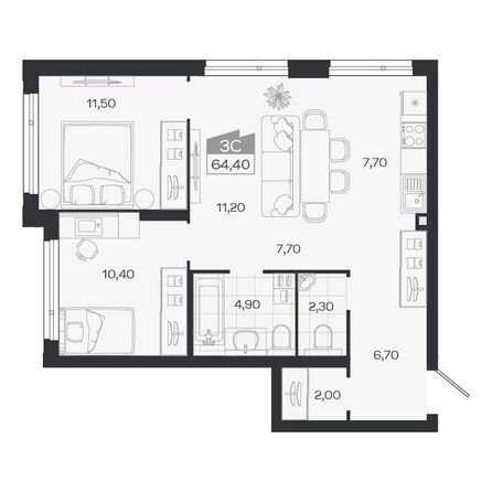 Планировка 3-комн 64,4 м²