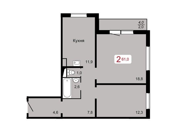 2-комнатная 61 кв.м