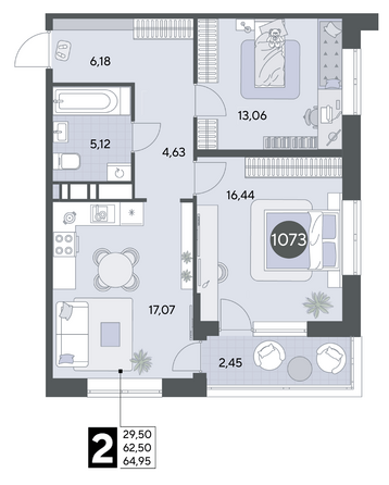 Планировка 2-комн 64,95 м²