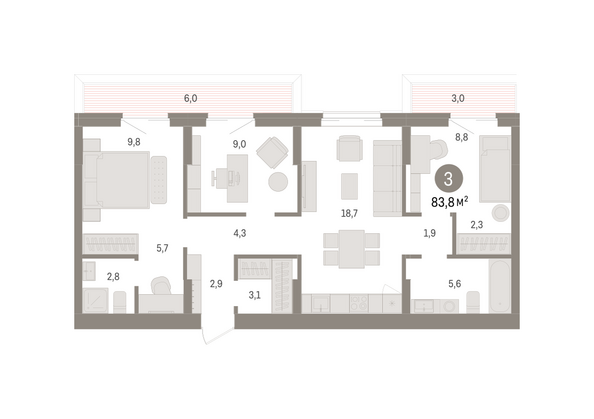 Планировка 3-комн 83,84 м²