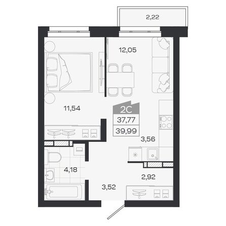 Планировка 2-комн 37,77, 37,91 м²