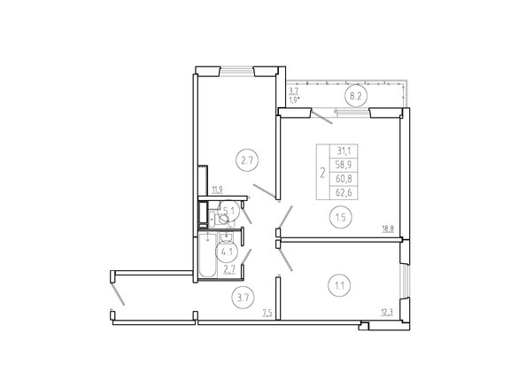 Планировка 2-комн 60,8 м²