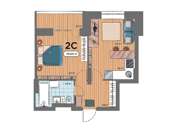 Планировка 2-комн 39, 39,2 м²