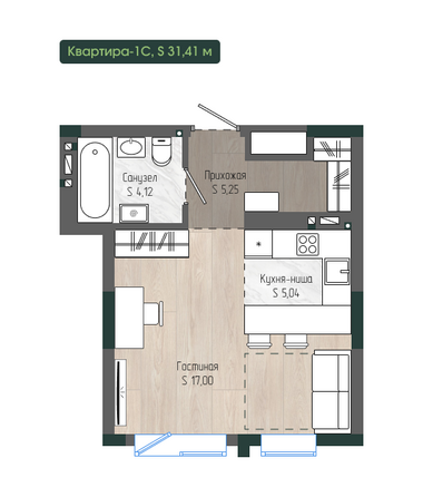 Планировка 1-комн 31,41 м²