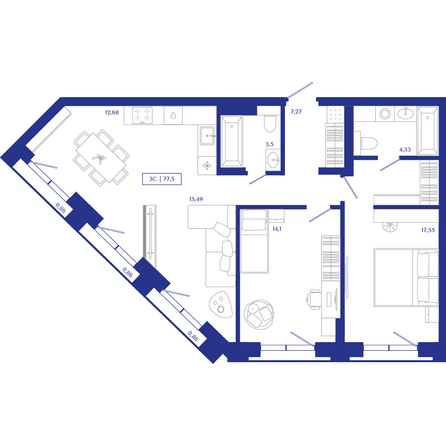 Планировка 3-комн 77,5, 77,84 м²