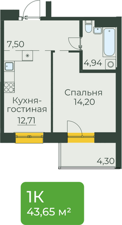 Планировка 1-комн 43,65 м²