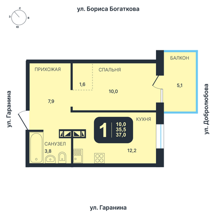 Планировка 1-комн 37, 37,5 м²