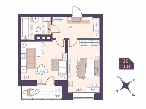 Планировка Студия 46,29, 46,63 м²