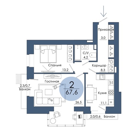 Планировка 2-комн 67,6 м²