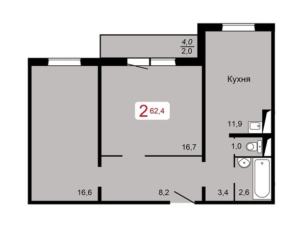 2-комнатная 62,4 кв.м