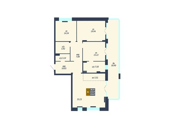 Планировка 4-комнатной квартиры 123,57