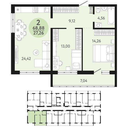 Планировка 2-комн 68,88 м²