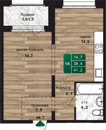 Планировка 1-комн 41,2 м²