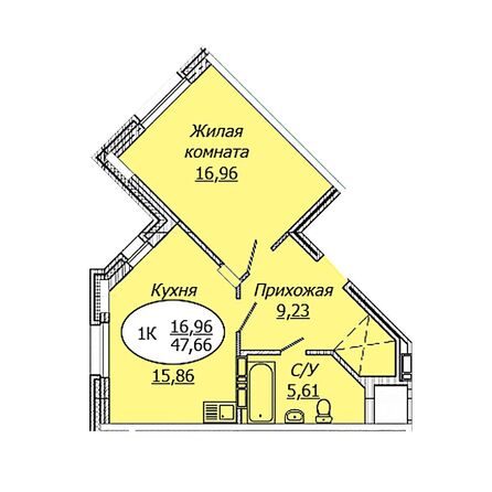 Планировка 1-комн 47,66 м²