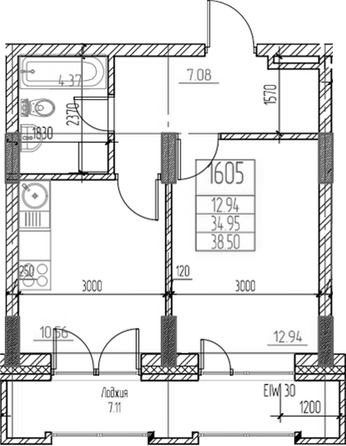Планировка 1-комн 34,95 м²
