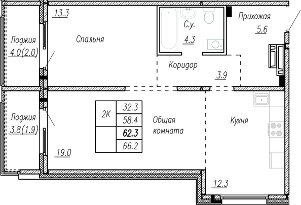 Планировка 2-комн 62,3 м²