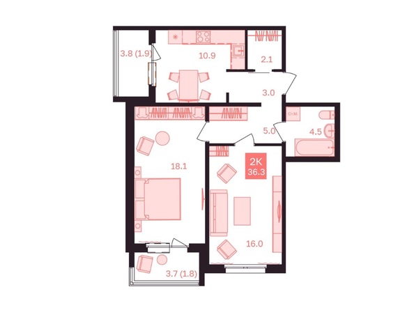 Планировка 2-комн 36,3 м²