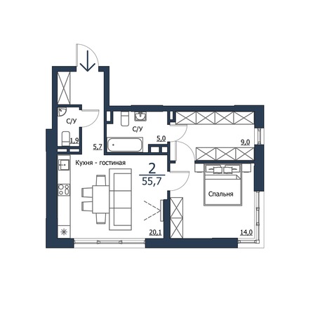 Планировка 2-комн 55,7 м²