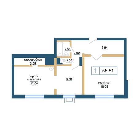 Планировка 1-комн 56,51 м²