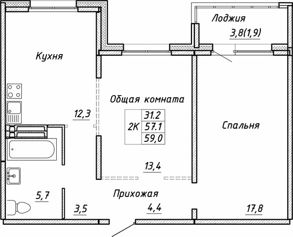 Планировка 2-комн 59 м²