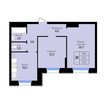 Планировка 2-комн 52,5 м²