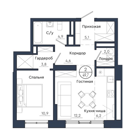 Планировка 2-комн 49,7 м²