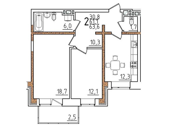 Планировка двухкомнатной квартиры 63,6 кв.м