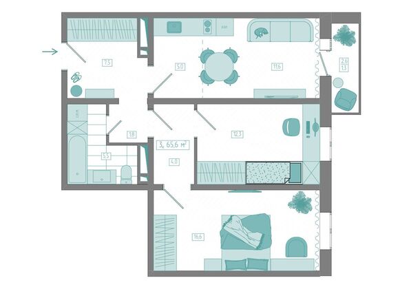 Планировка 3-комн 65,6 м²
