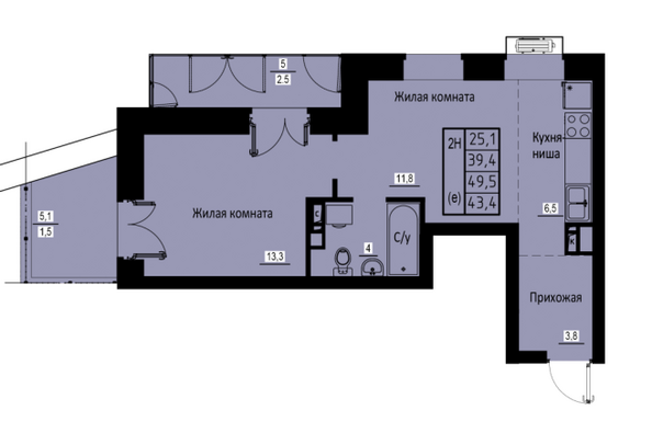 Планировка 2-комн 43,4 м²