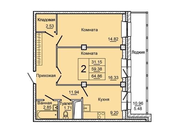 Планировка двухкомнатной квартиры 64,86 кв.м