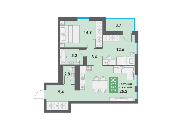 Планировка 3-комн 77,4 м²