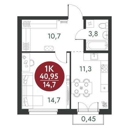 Планировка 1-комн 40,95 м²