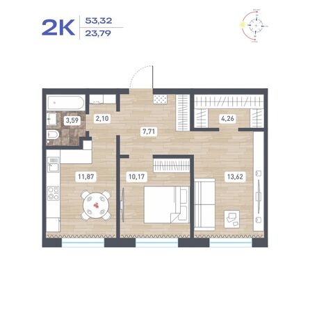 Планировка 2-комн 53,32 м²