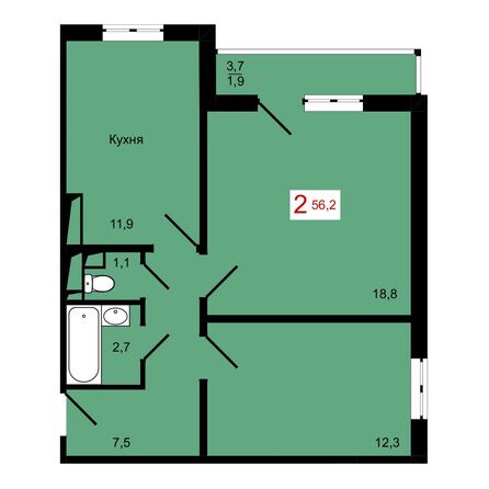 Планировка 2-комн 56,2 м²