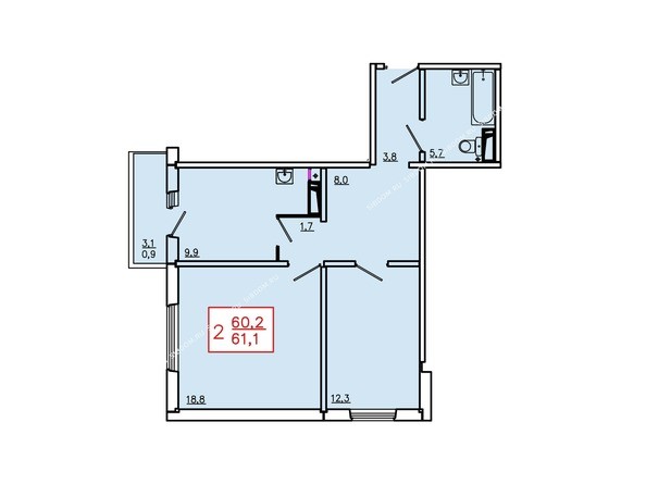 Планировка двухкомнатной квартиры 61,1 кв.м. Этажи 2-9