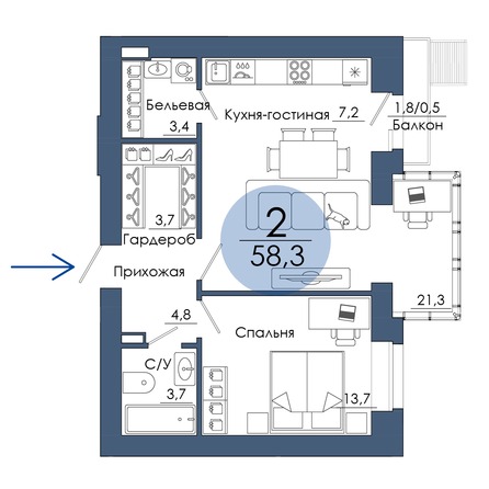 Планировка 2-комн 58,3 м²