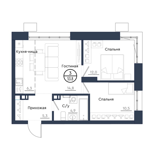 Планировка 3-комн 53,8 м²