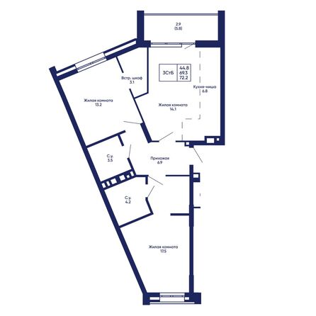 Планировка 3-комн 72,2, 72,3 м²