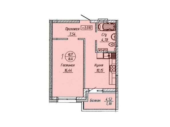 Планировка 1-комнатной квартиры 40,27 кв.м
